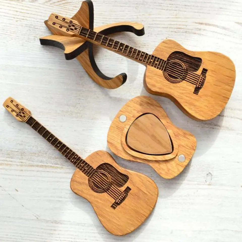 1set Drevená akustická gitara Pick Box so stojanom s hladkým okrajom ručne vyrábaných gitarových gitarových nádob