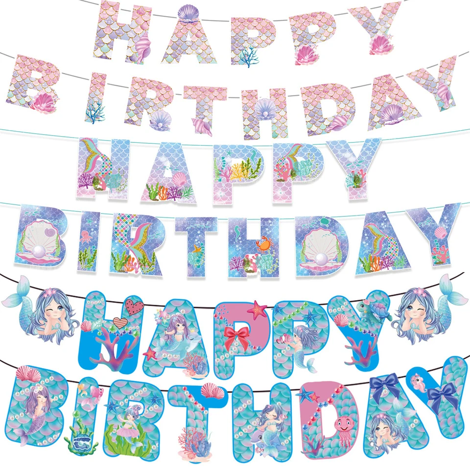 1set/lot morská panna téma Bunting Happy Birthday Flags Ozdoby Dievčatá Dievča