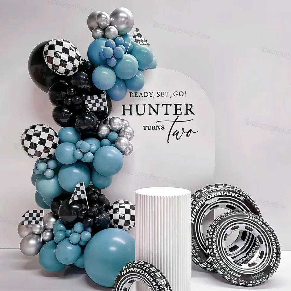 1set Two Fast Race Car Balóny Garland Arch Kit Dusty Blue Black Silver Birthday Balóny pre závodné narodeniny DECON