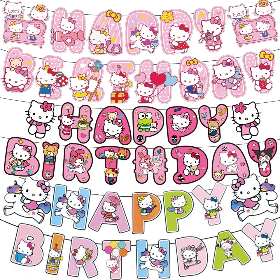 1set/veľa Hello Kitty Téma Bunting Happy Birthday Flags Ozdoby Dievčatá Dievča