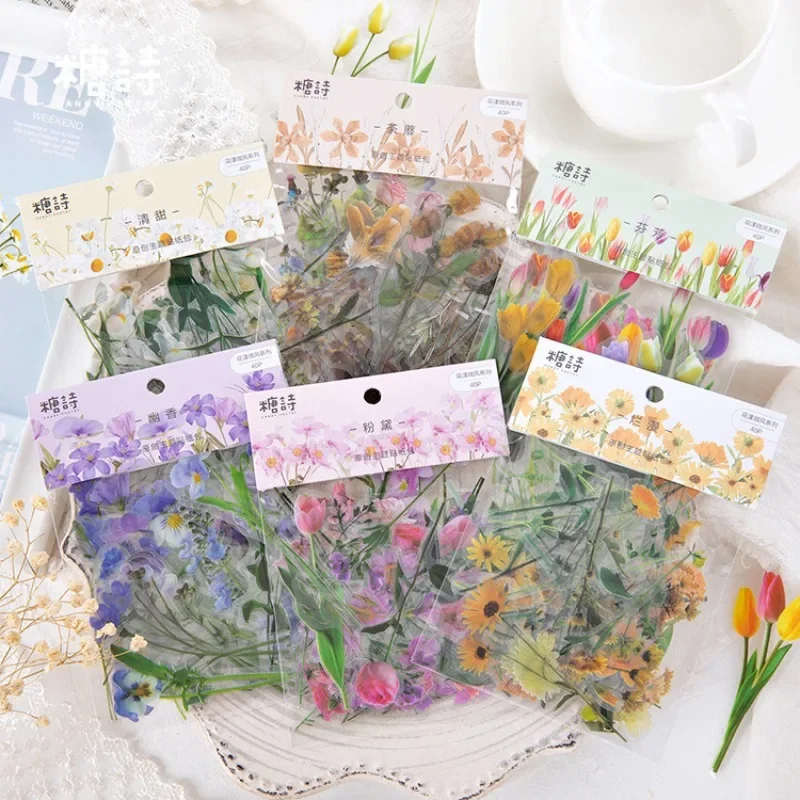 1sets/40ks retro rastlina angličtina Angličtina Pet Deco Stickers rastlinný kvetinový list Transparentné guľky Bullet Bullet Desenting Ažstérie estetické nálepky