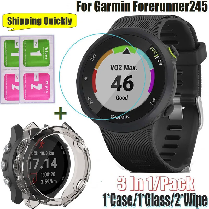 2+1 pre Garmin Forerunner245 Watch Case Ochranný obal Smart Bracelet Glass Film Film Film Screen Forerunner 245 rámový rám.