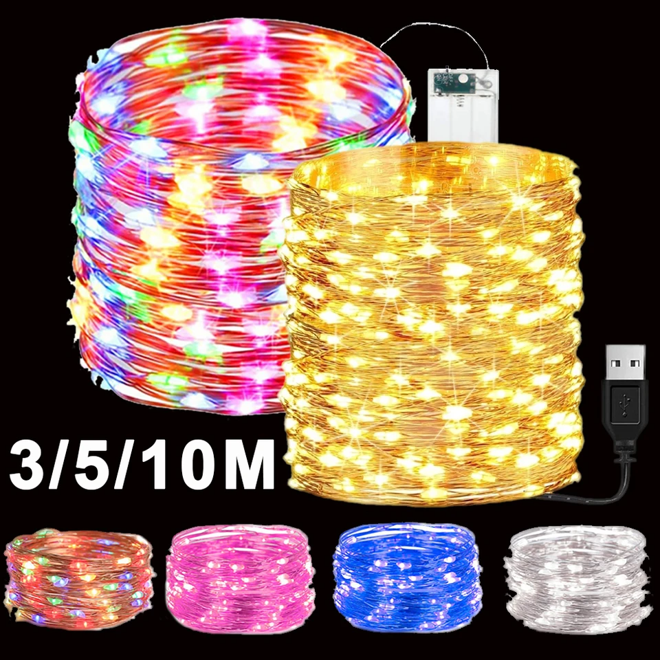 2/10 m medený drôt LED reťazca Svetlá USB batériu Girland Fairy Lights Nepremokavé vnútorné vonkajšie vianočné svadobné dekorácie