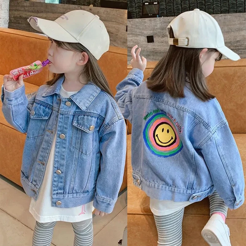 2-10 rokov starý jar jesenná denim dievčatá Coat Smile Pattern Cely Ruckve Windbreaker pre deti 2023 NOVÉ TEENAGER DETSKÉ BANDE