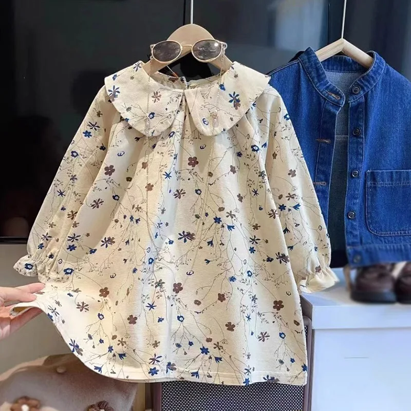 2-10T Spring Autumn Dievčatá Fragmentované kvetinové šaty Deti s dlhým rukávom Doll Crck Deties Detské deti Čisté bavlnené šaty princezná