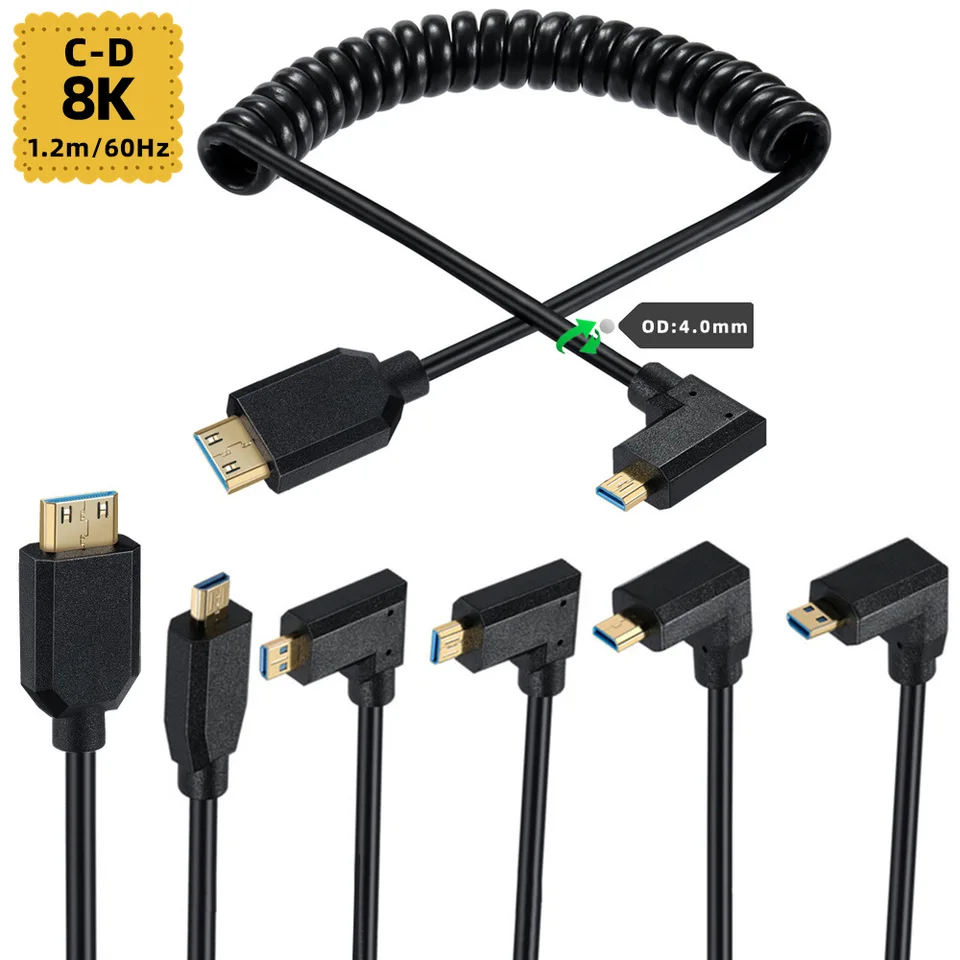 2,1V 8k@60Hz 4K@120 Hz Micro HDMI Mužský typ D do typu C Mini HDMI Mužský konektor adaptér Coired kábel Čierna 1,2 m