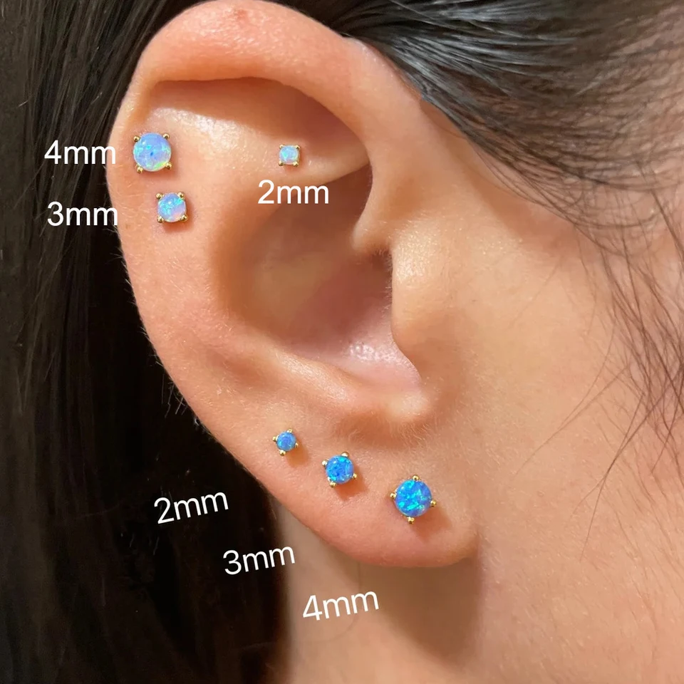 2/3/4 mm z nehrdzavejúcej ocele Blue Opal Malé náušnice pre ženy pre ženy Men Muži malá kosť na nechty chrupavky Punking Piercing šperky