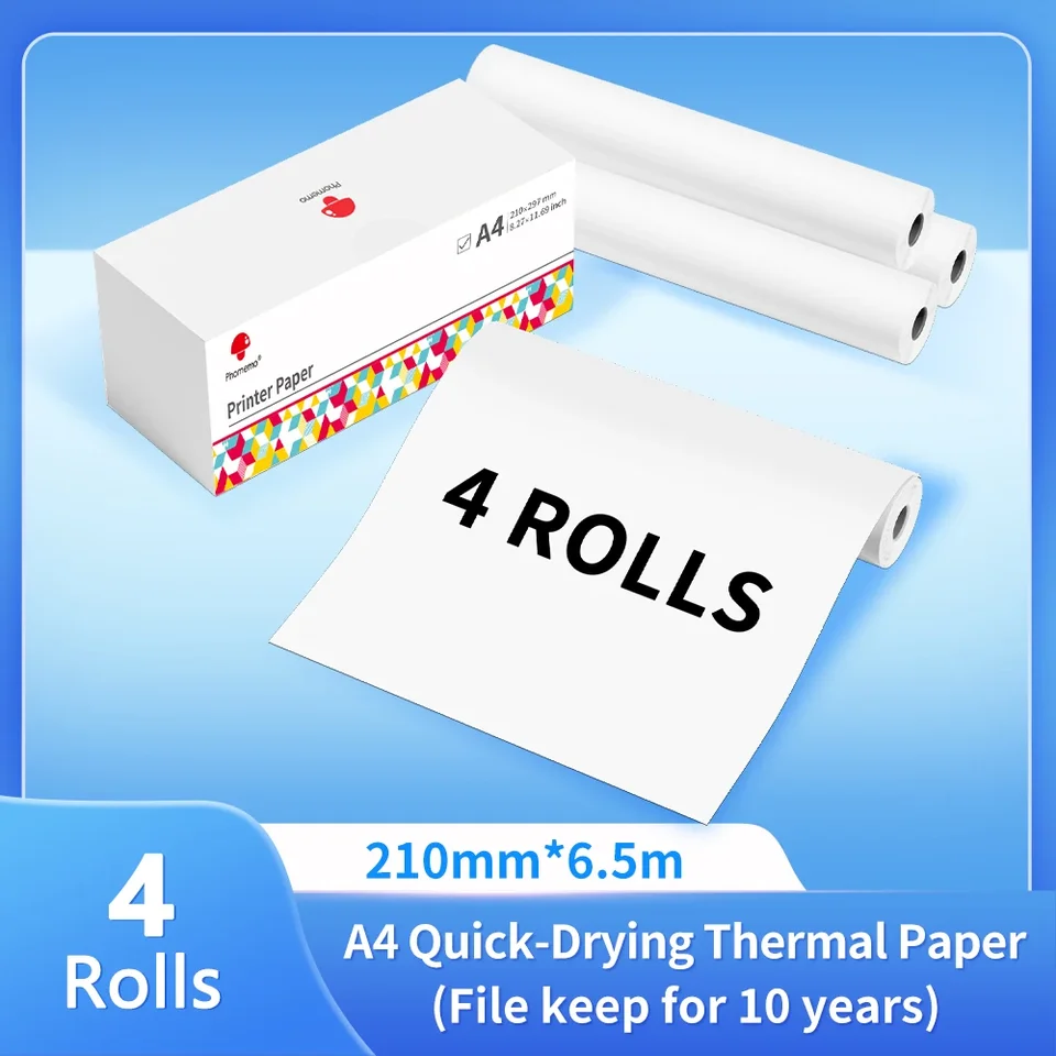 2/3/4 Rolls A4 Termálny papier Tlač 210 mm tepelné papierové rolky pre fotografiu domáca kancelária kompatibilná s prenosnou tlačiarňou M832