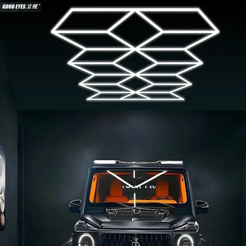 2.4*5,6 m Nový dizajn šesťuholníkovej garáže Workshop Svetlo 6500K Cold White Geometric Light Light Sneh Snowflake Exhibition Detaily Svetlá