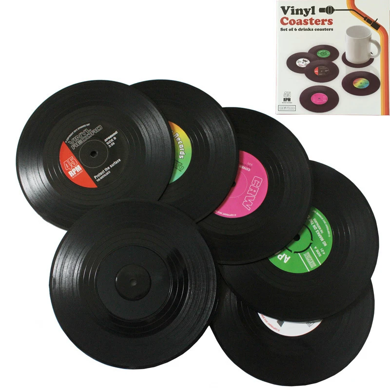 2/4/6 PCS Vinyl Record Drink Drink Cup Mat Dekoratívne vinylové záznamy Kreatívna káva Coaster tepelne prestierajúce prestieranie