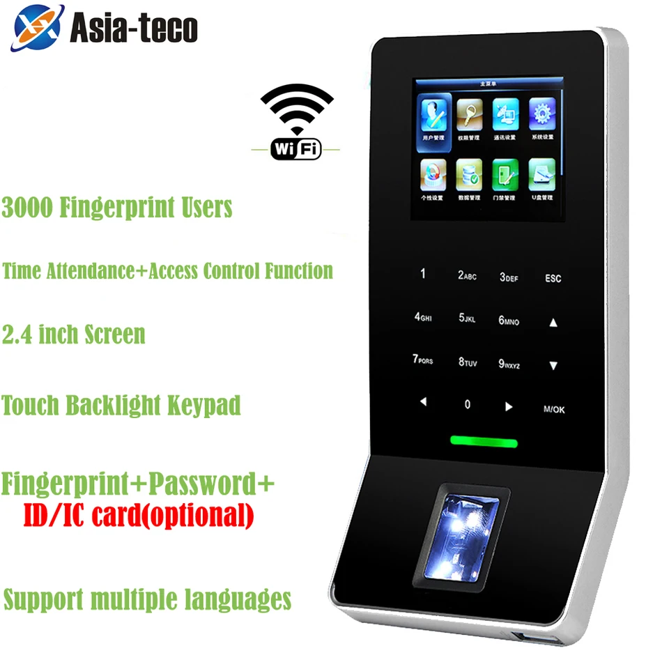 2,4 palca LCD biometrické WiFi odtlačky prstov Čas na kontrolu prístupu Russian/arabský/francúzsky jazyk TCP/IP čítačka odtlačkov prstov
