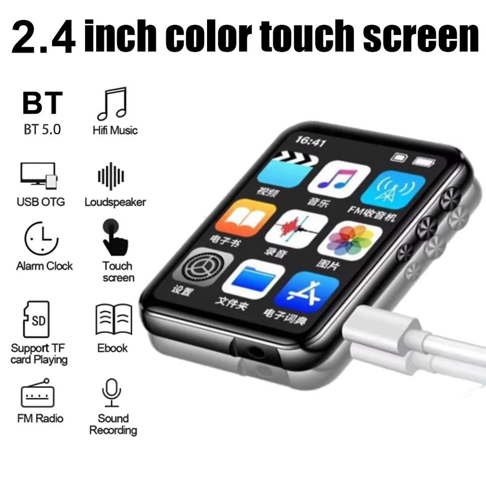 2,4 palca na celú obrazovku Touch mp3 prehrávač BT5.0 Lossless Music Stereo Reproduktor HD Hifi Mini MP4 Walkman s elektronickou knihou FM Radio Video