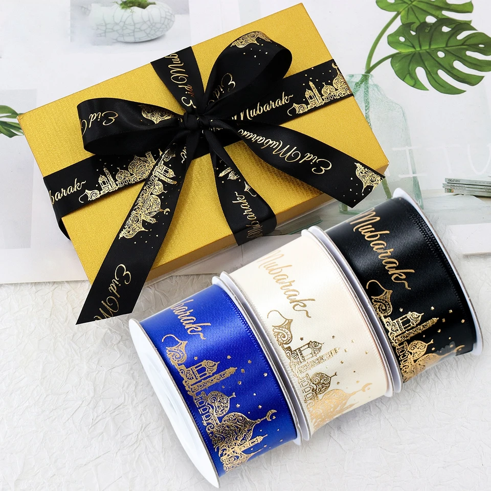2,5 cm 5 yardov Zlatý tlačný valcový stužky Eid Mubarak Festival Balenie Ribbon Wrap Paper Darče