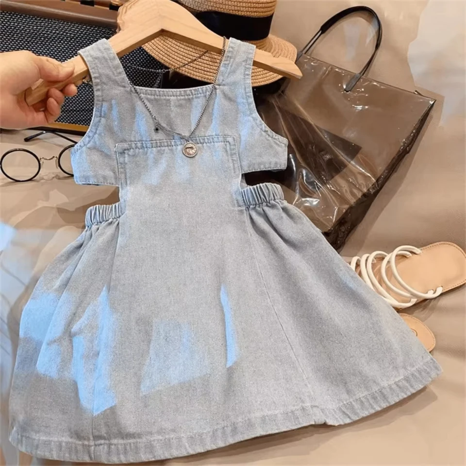 2-7 rokov starý Blue Dutwald Out Denim Square krk Camisole šaty Kórejské farebné detské oblečenie leto nové dievčatá ležérne šaty