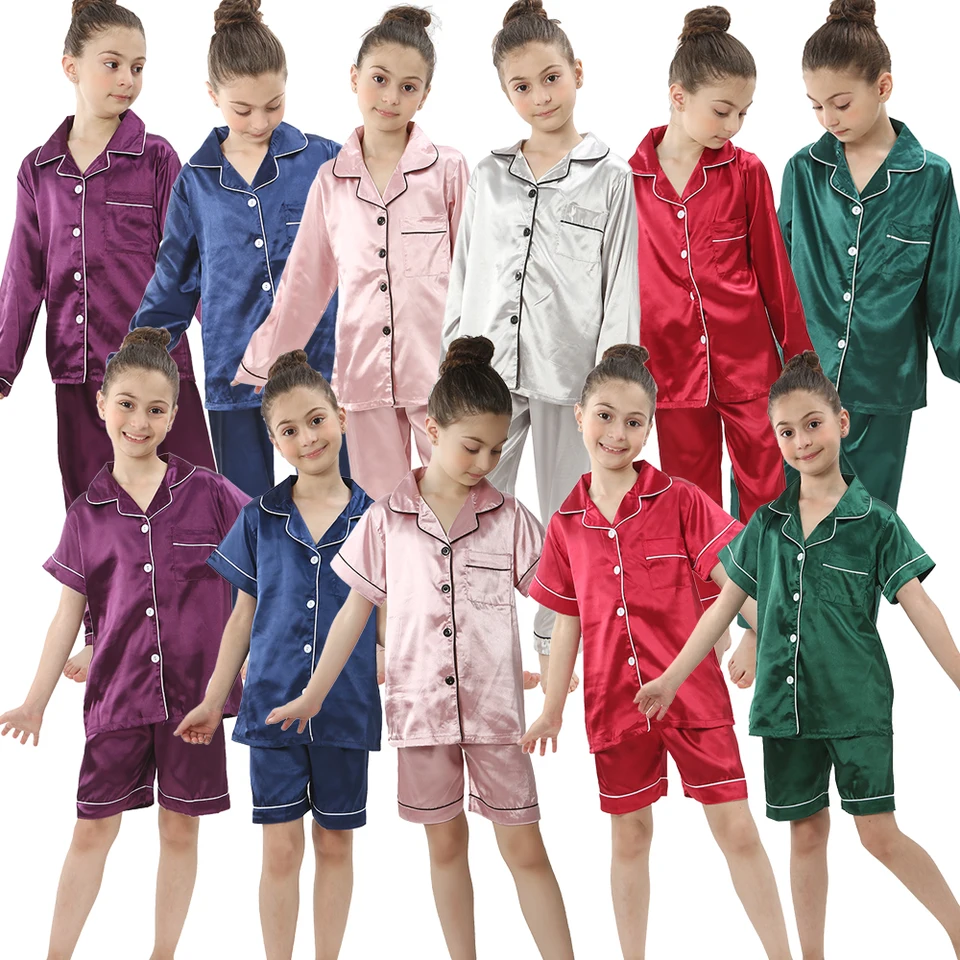 2 až 14 rokov chlapcov dievčatá pyžamy súpravy Kids hodváb satén Top nohavice dlhé/krátke rukávy Solidy pyžamy obleky Nightgown Child Sleepwear