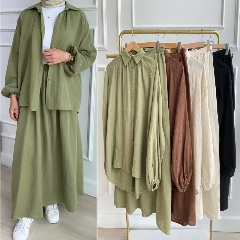 2 -dielne tričko s dlhým rukávom+sukne eid moslimské ženy Elegantné súpravy Abaya Dubaj Turecko Islamské príležitostné topánky Móda masívne farebné sukne móda