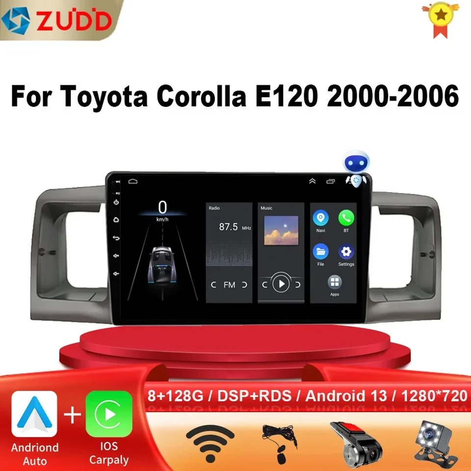 2 Din Android 13 Car Radio Multimedia Player Navigation GPS pre Toyota Corolla E130 E120 2000-2006 CarPlay 2din stereofónny DVD
