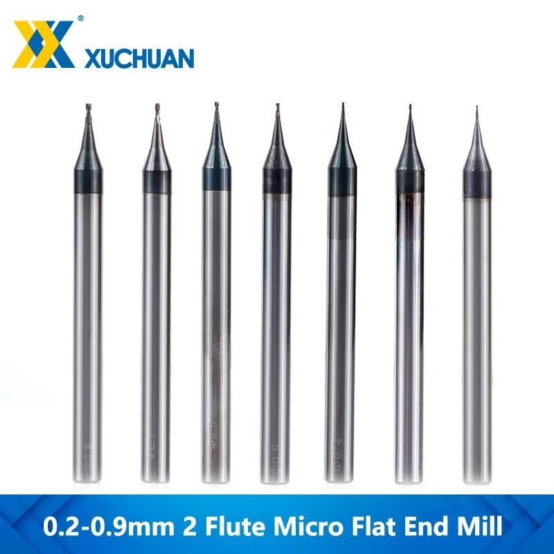 2 flauta mikro plochého koncového mlyna 0,2-0,9 mm Mini CNC router bit 4mm driek na volfrámu Karbid koncový mlyn Mini frézovacia fréza Cutter