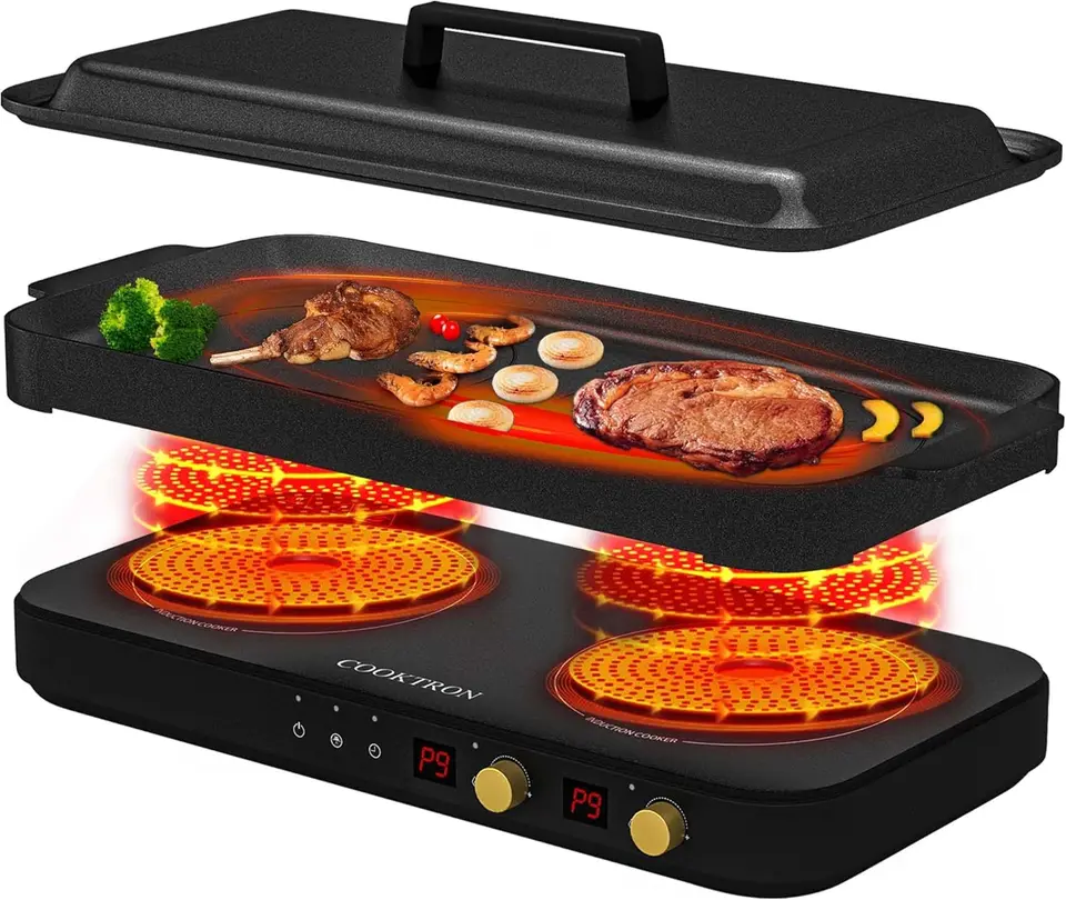 2 horák s odnímateľným železným liatím mriežkou, ktorá nie je prilepená, 1800 W Double Induction Coen s detským bezpečnostným zámkom a časom