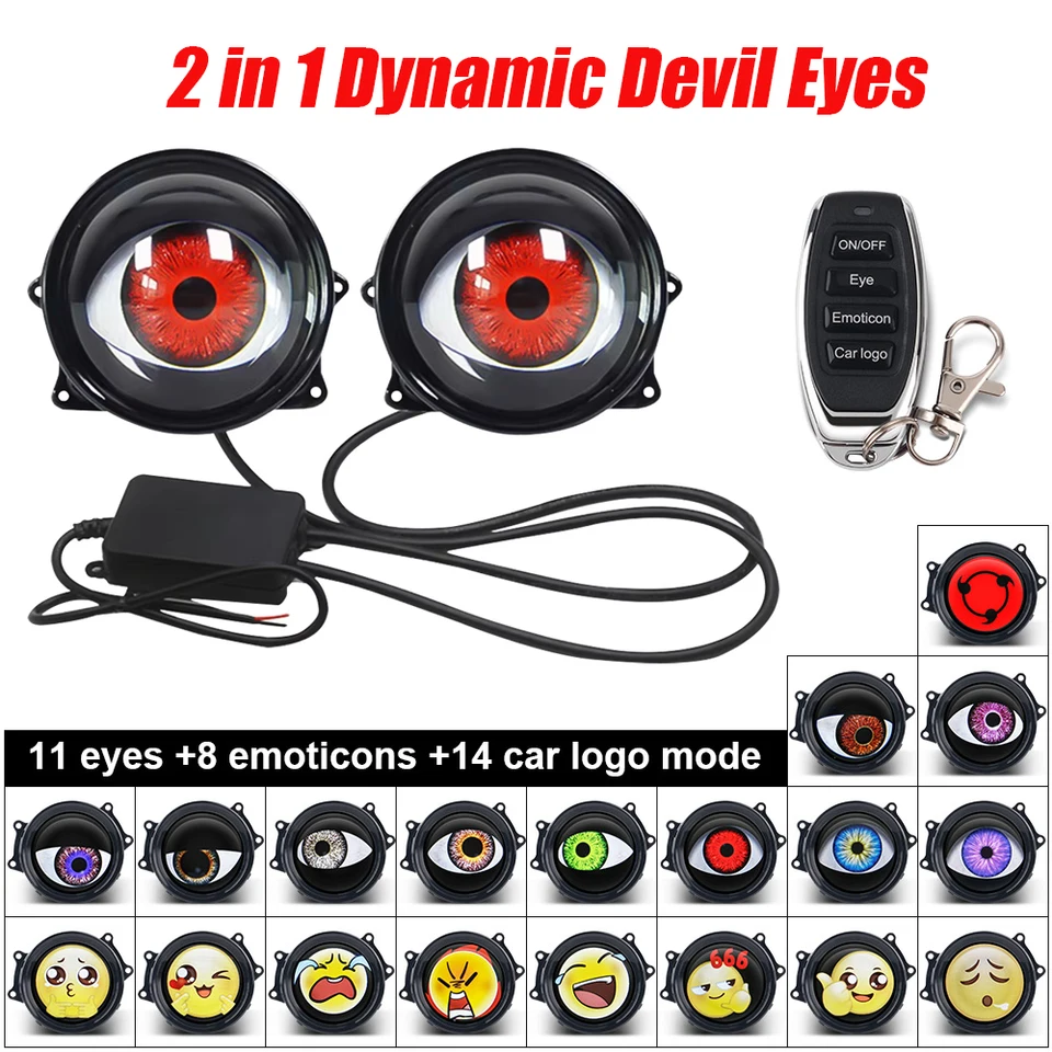 2 ks DYNAMIC DEVIL EYE MOTO DEKORATÍVNE DEMON DEMON EYE EYZIZAL MODIFIKÁCIA Svetlomety 3D dizajn diaľkového ovládania