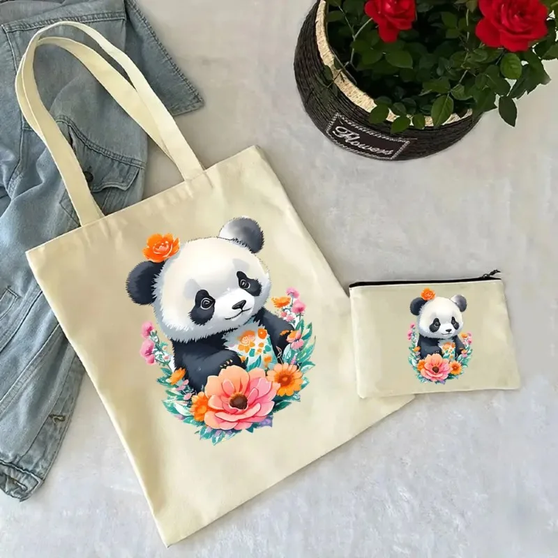 2 ks roztomilé panda dámy kabelka Kozmetická taška plátno rameno tašku ekologicky priateľská veľká kapacita módna nákupná taška peňaženka
