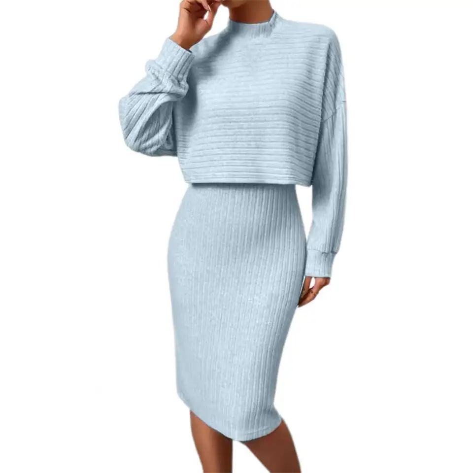 2 ks/set elegantné dámske outfity Sweater Top Dress Suit Solid Color Three Puseath Slim Midi Sweater Dress Outfit