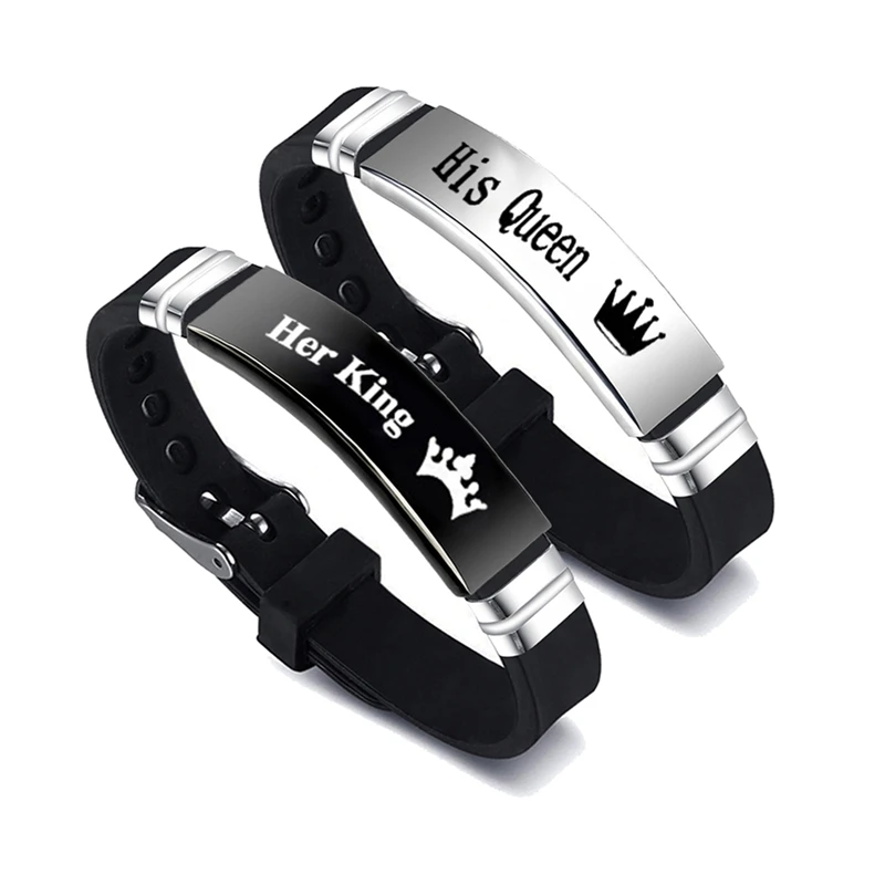 2 ks/set z nehrdzavejúcej ocele Koruna jej kráľ jeho kráľovná módny športový silikónový pár náramok náramok Unisex Lover Bracelets Gift