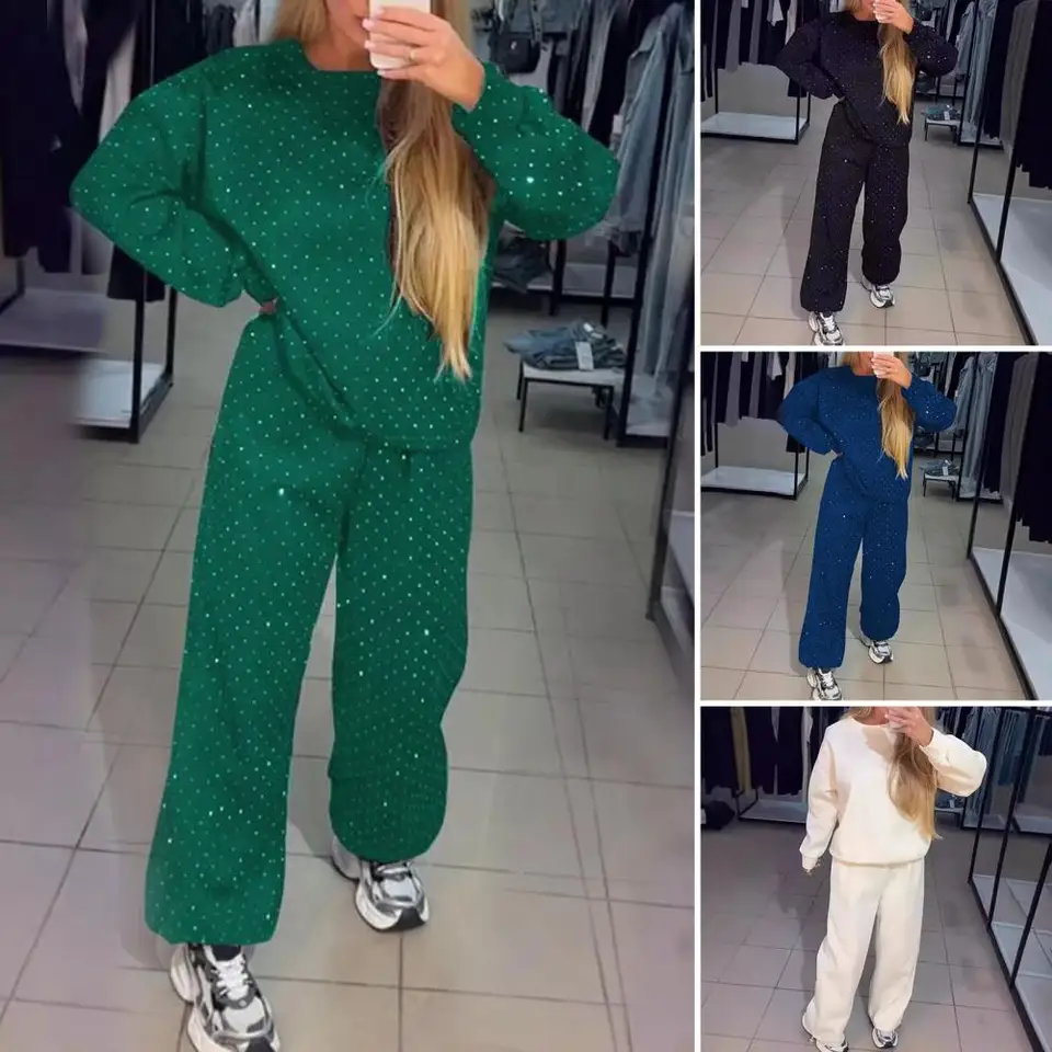 2 ks/set žien Top Pants Oblek okrúhly krk dlhé rukávy Dlhé rukávy Deciston Decor mikina elastický pás Široké nohavice na nohy Lady outfit