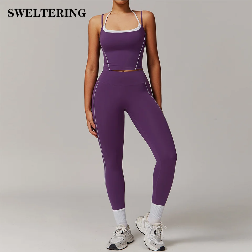 2 kusy jogy obleky Športové súpravy Ženy Rýchlo sušené telocvične Set Dámske stopy po podprsenke Workout Leggings Športové košele jogy oblečenie