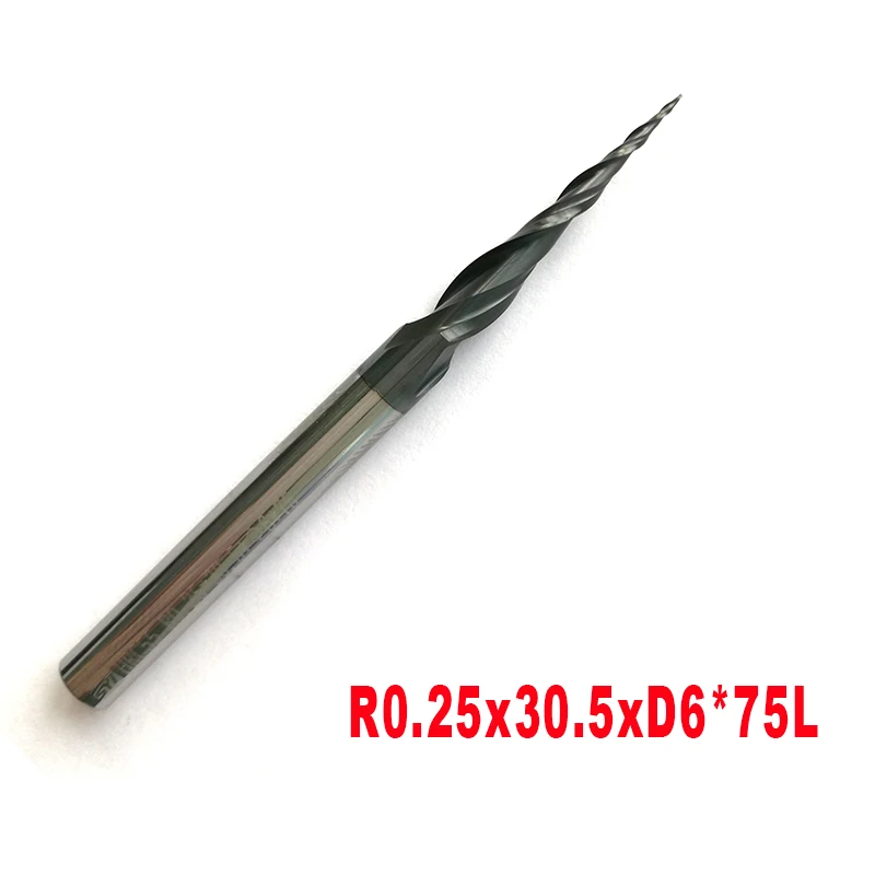 2 kusy R0,25/r0,5/r0,75/r1/r1.5/r2xd6*30,5*75-HRC55 Tungsten Carbid Taper Lall Nose koncový mlynový mlynový fréz