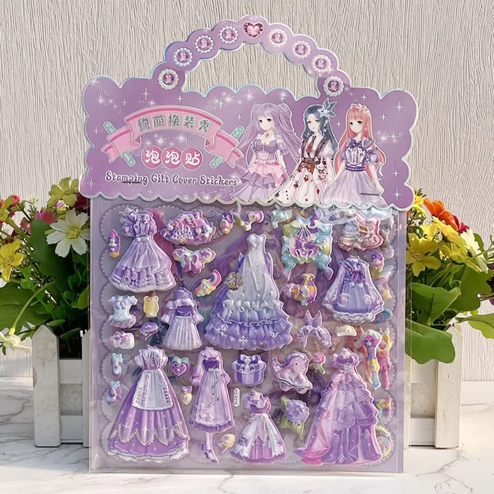 2 listy/taška Kawaii princezná, šaty na nálepku karikatúry DIY penové bublina nálepky roztomilé dekoratívne 3D nafúknuté nálepky pre deti