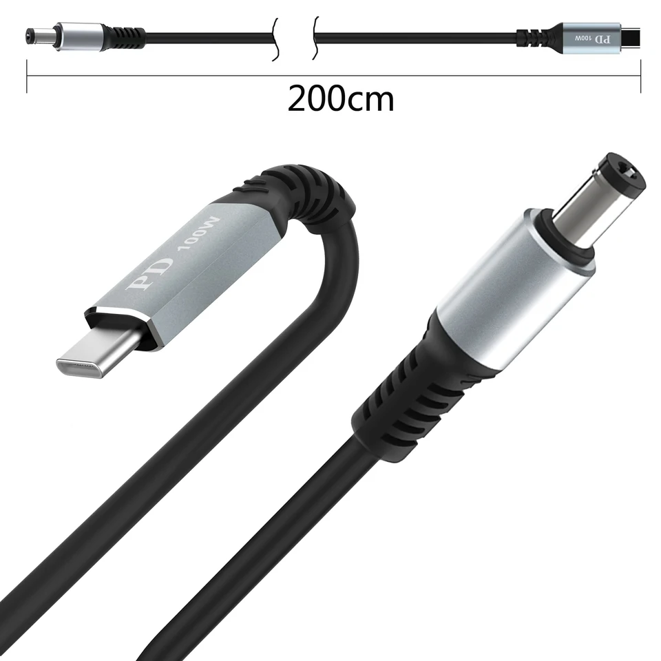 (2 m) USB C až DC 5,5 mm x 2,1 mm laptop nabíjacie kábel (5521), 20V USB Typ C Mužský vstup do DC 5521 mm mužský kábel až do 100 W