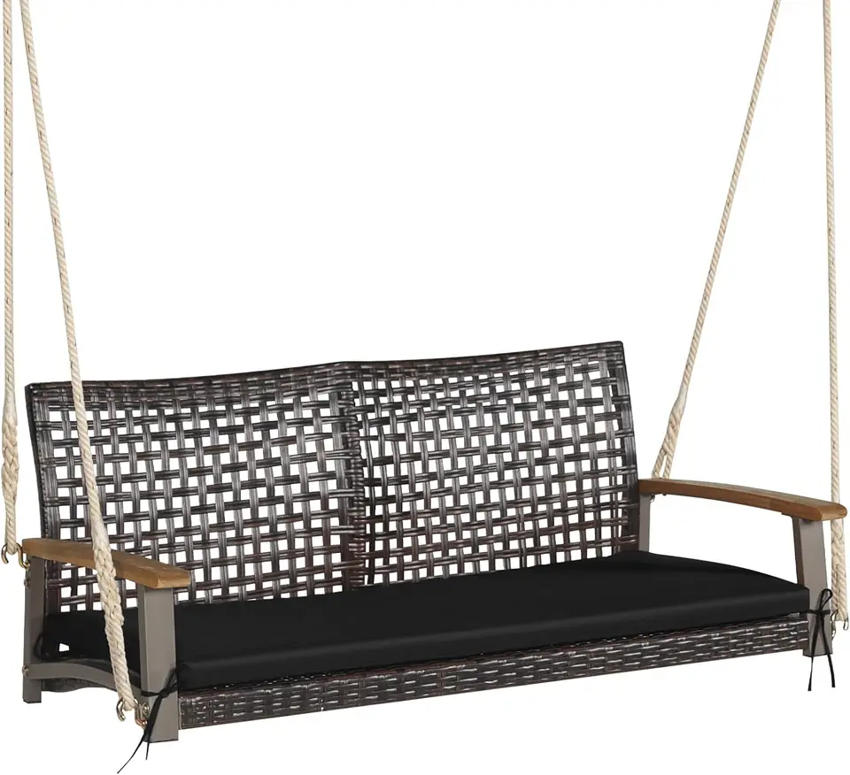 2 osoby Pia prútená veranda Swing Bench, Outdoor Hanging Swing s mäkkým vankúšom sedadla a visiacimi povrazmi (dĺžka 118 