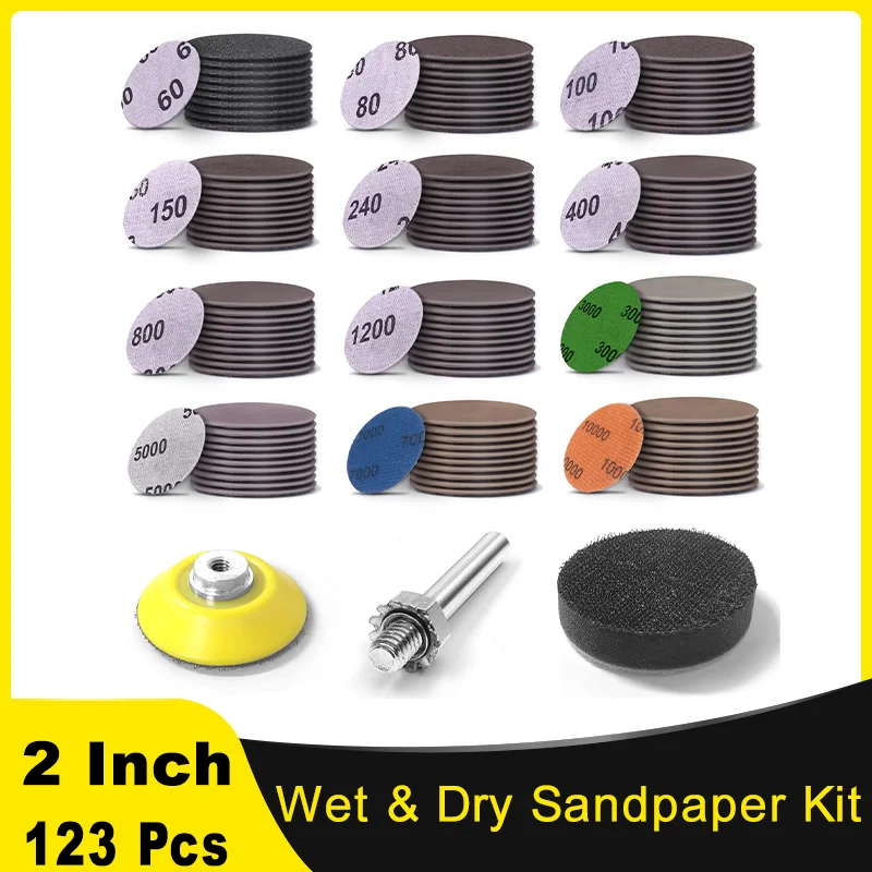 2-palcová vlhká a suchý brúsny papier 123 PCS Hook & Loop Grit 60-10000 s podložkou a penovou podložkou pre drevené kovové auto