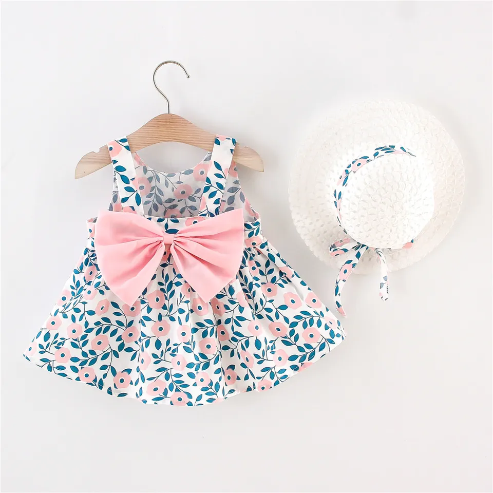 2 PCS Dievčenské letné nové šaty okrúhly krk roztomilý chrbát Big Bow Cotton Sukňa prichádza s klobúkom pre detské oblečenie