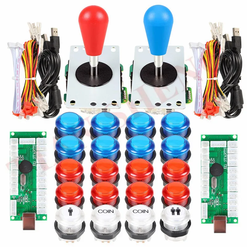 2 Player Arcade Games DIY Kit Diesty 2 Ellipse Oval Joystick Ruckles + 20 LED osvetlené arkádové tlačidlá (Red & Blue Kit)