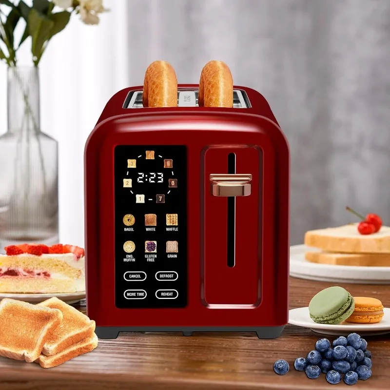 2 Plátky dotykového ovládania z nehrdzavejúcej hriankovacej hriankovače LCD displej, 1,4 '' široké sloty, viac funkcií časovača, odnímateľná drobka, 1350 W, tmavá čerešňa