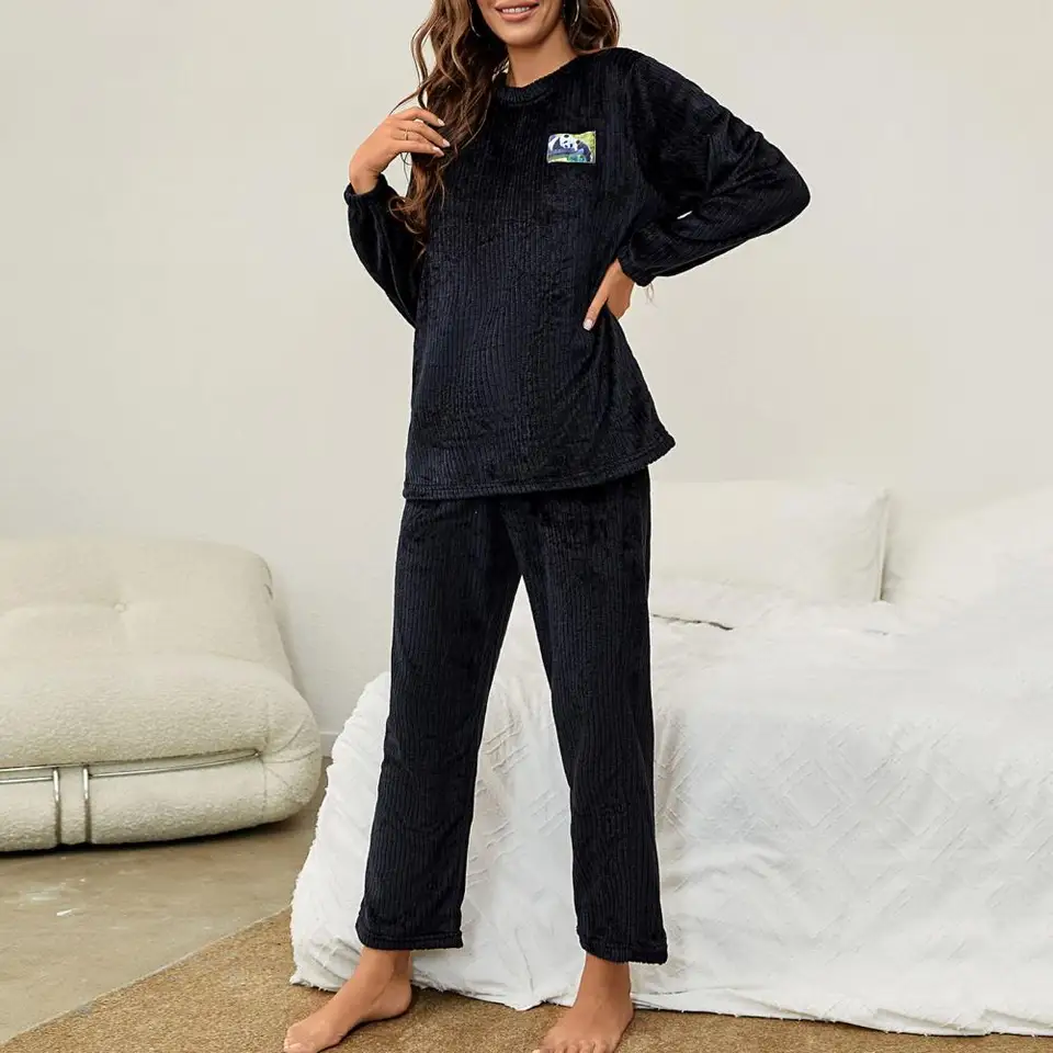 2 počítače Fall Zimné ženy pyžamy obleky okrúhly krk dlhý rukáv Flanel Flanel Top Hrubé voľné nohavice Sleewear