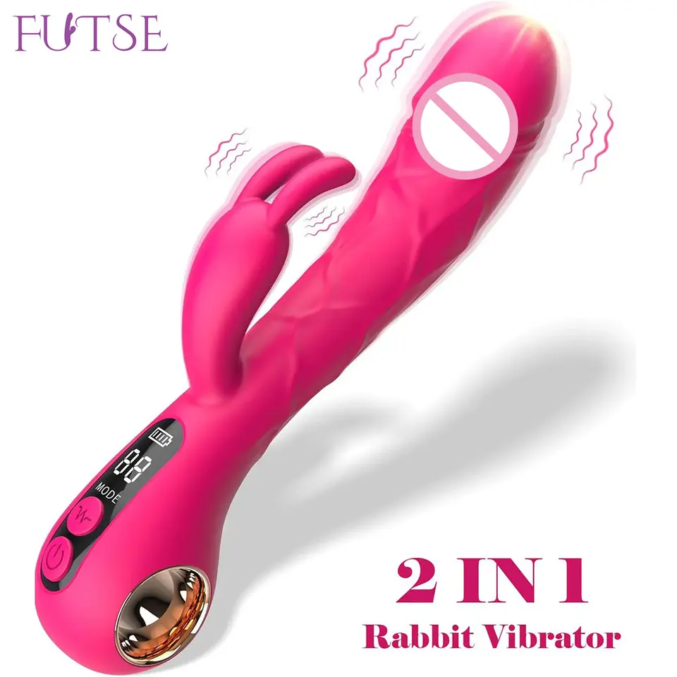 2 V 1 G-SPOT králičie vibrátor pre ženy LCD zobrazuje vibrujúci klitorisový stimulátor realistického dildo vibrátora G-SPOT Hračky pre dospelých