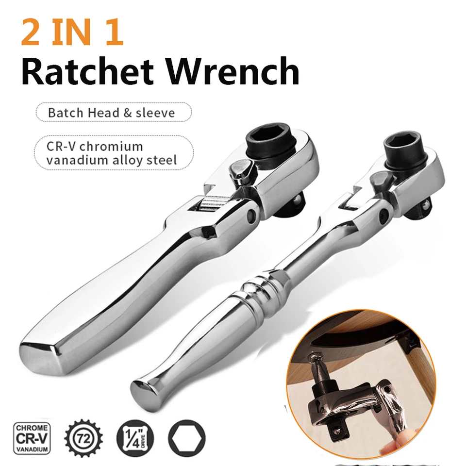 2 v 1 okrúhlej rukoväti Ratchet Krep 1/4 dvojité konce 72 zubov rýchly spanner nástroj skrutkovač bit bit pre domácich majstrov