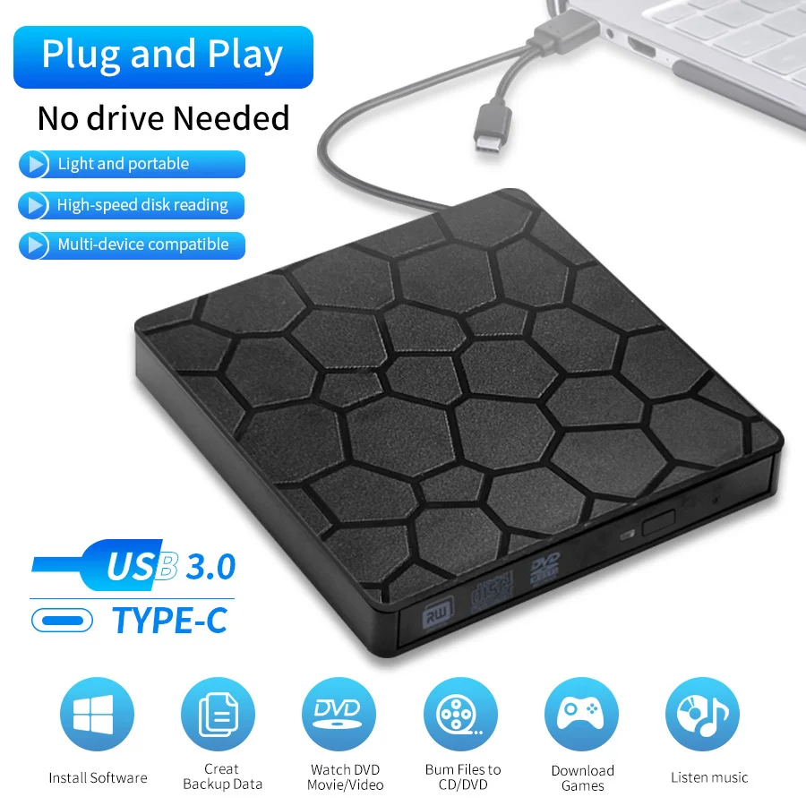 2-v-1 USB3.0 Slim CD TYPY CD TYPY CD RW RW Burner Reader Player Player Optické jednotky pre PC prenosný počítač DVD DVD Burner