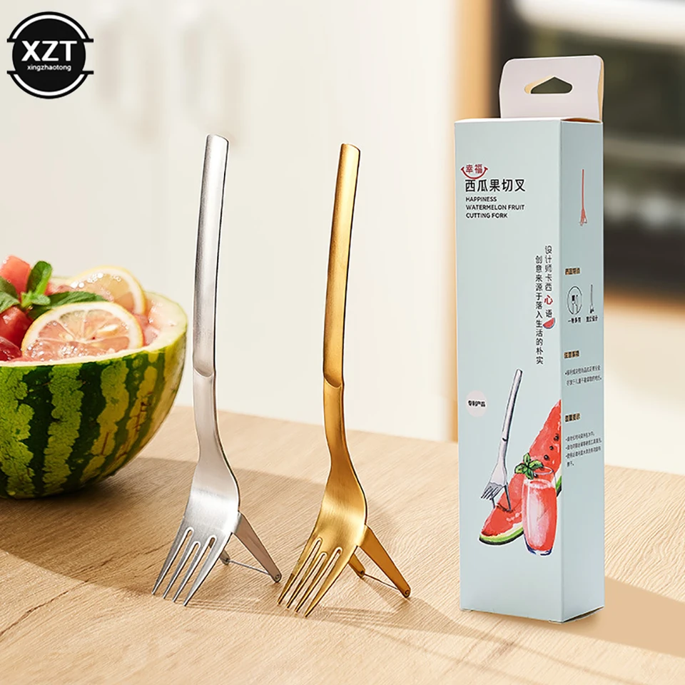 2-v-1 Watermelon Slicer s vidlice viacúčelovou odolnou odolnou melónom na rezanie vidlice z nehrdzavejúcej ocele pre ovocné dosky kuchynské gadgety