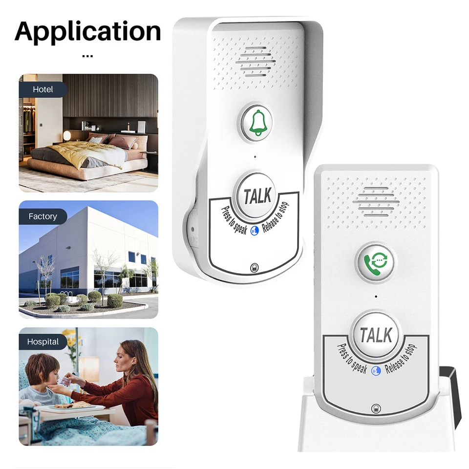 2 -Way Voice Intercom Wireless Intercomunicador Dvojcestný zvukový hlasový odosielateľ a prijímač pre domácu nemocnicu Hotel Call Dverne Chime