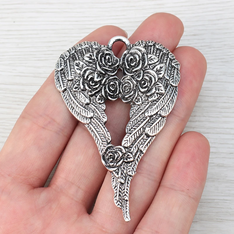 2 x Tibetské strieborné veľké ružové anjelské krídla Perie Kúzla PRE PRÍRUČKA PRE DIY Náhrzy šperky výroby nálezov 69x46mm