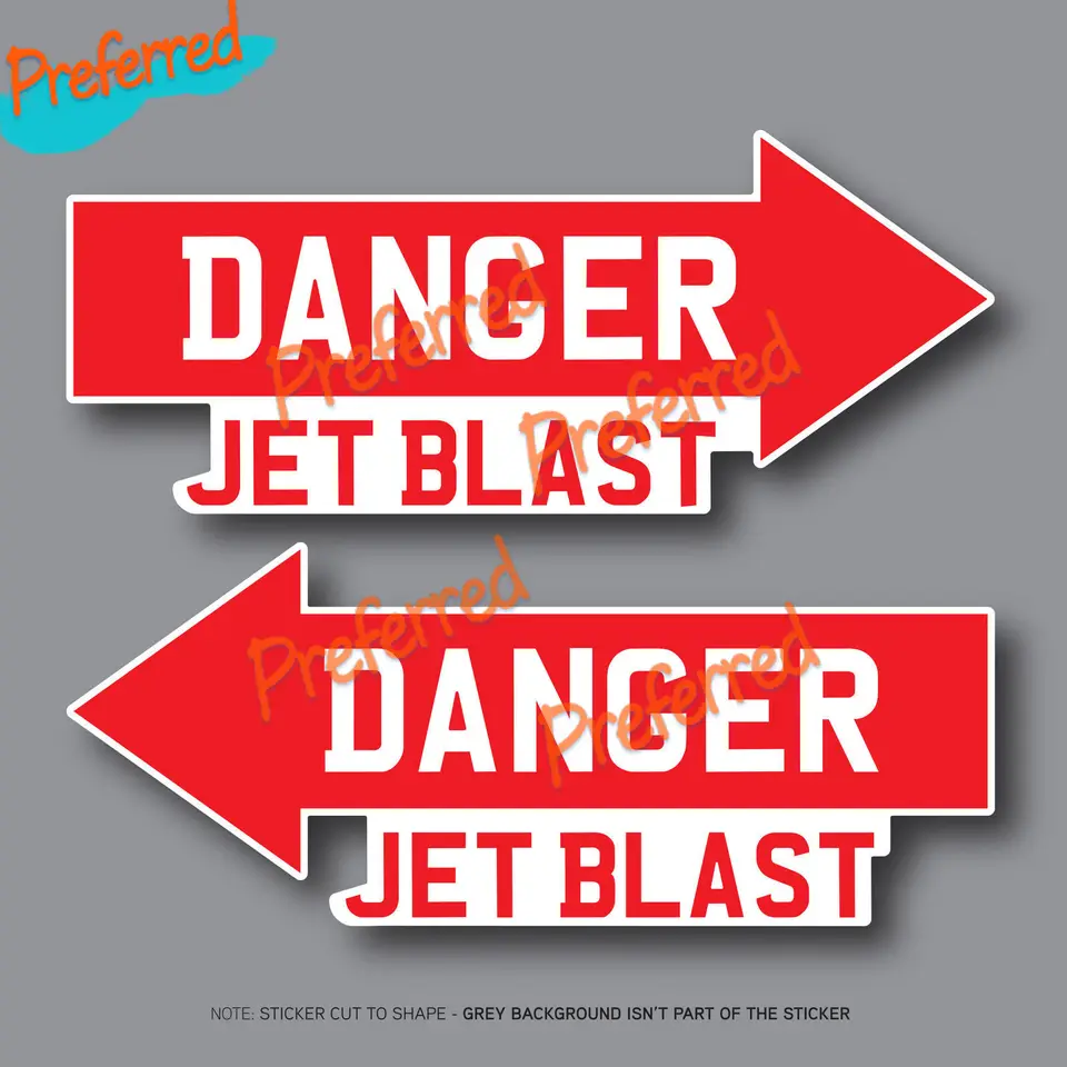 2 x Výstražné nebezpečenstvo Jet Blast Aircraft Varovanie vinylových nálepiek 100 mm x 42 mm -všetky veľkosti vodotesné PVC Die -Cut