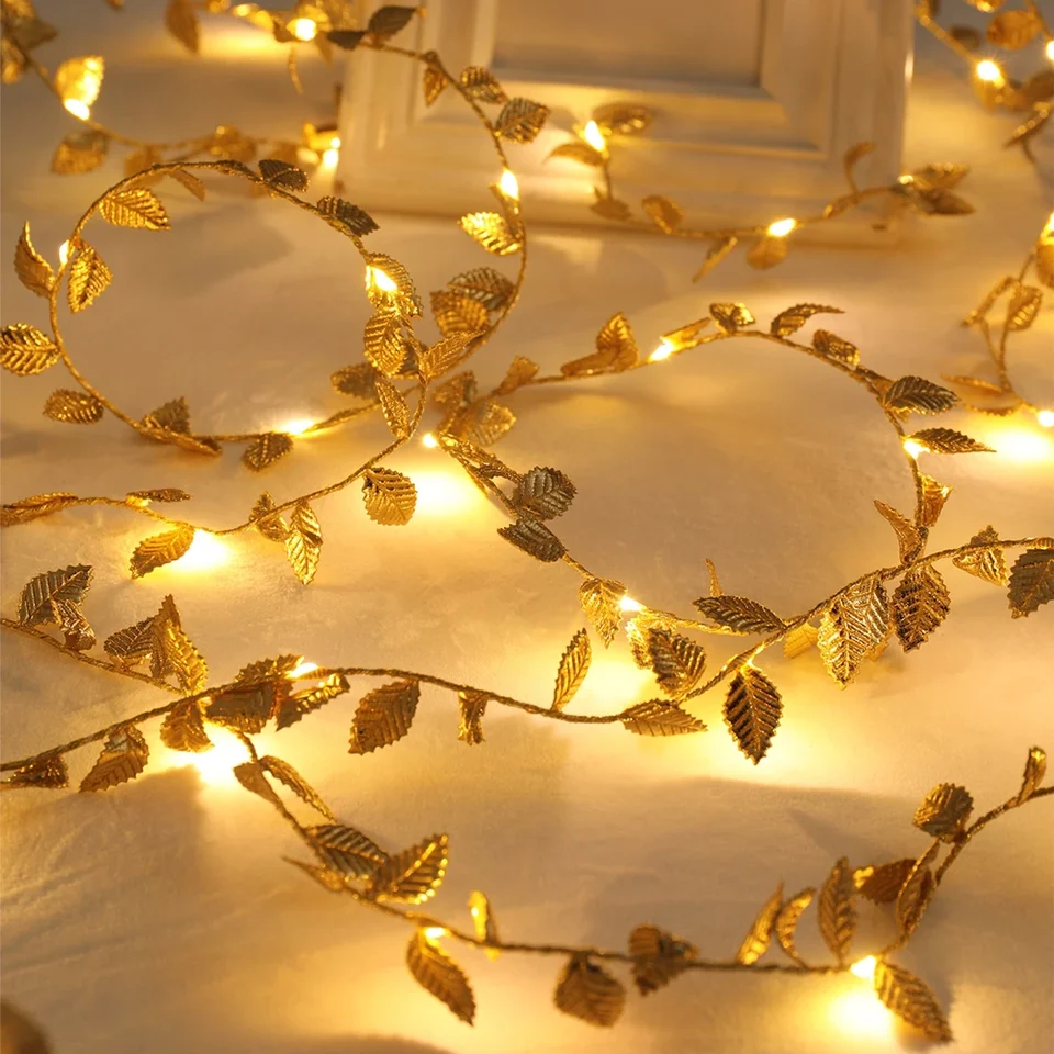 20/50/100Leds Zlaté strieborné drobné listy rozprávková svetlá batéria Powerd Artificial Plant Garland Vine Lights na svadobnú domácu párty