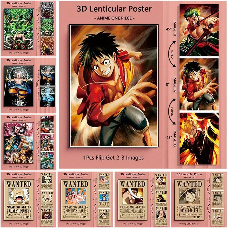 20 DSigns Anime One Piece 3D Lentikulárne plagáty Zmeňte uhol rôznych obrazov pre dekoráciu Art Painting Luffy Nami Zorro