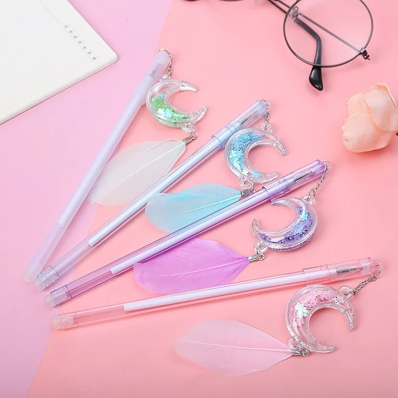 20 ks Moon Feather Pendant Gel Pen Roztomilý študent Kreatívna celebrita dievčina srdce Voda podpis Pen Pink School Supplies