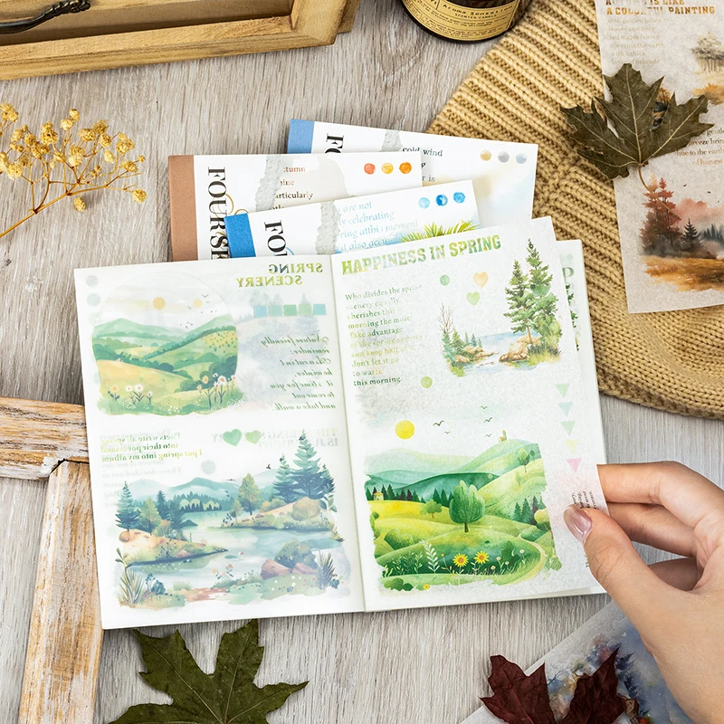 20 listov Pet Die Cut Stickers Book Four Seasons Landscape Dekoratívne ručne vyrábané remeselné materiály Denník Album Scrapbooking Supplies