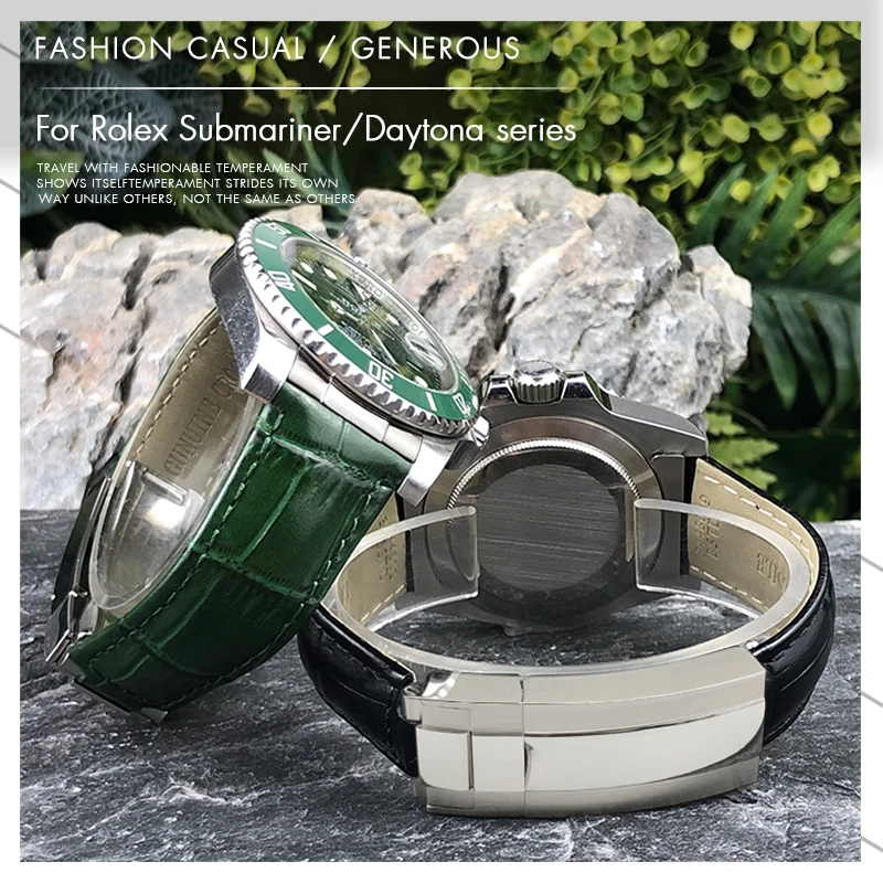 20 mm kovový koniec originálne kožené hodinky pre Rolex Submariner Daytona GMT Master Yacht Black Green Sport Watch Strap Doplnky